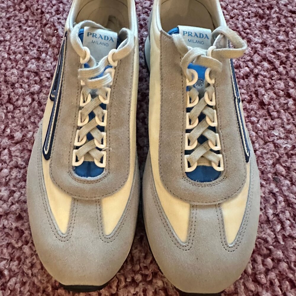 Prada Milano Low-Top Sneakers –Beige Suede & Cream Nylon with Blue Accents Size8